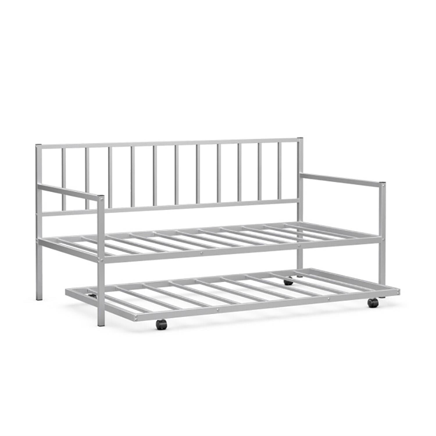 Demi Bonn Twin Size Daybed and Trundle Frame Set Trundle Bedframe, Modern Bed Frame for Teens, Silver