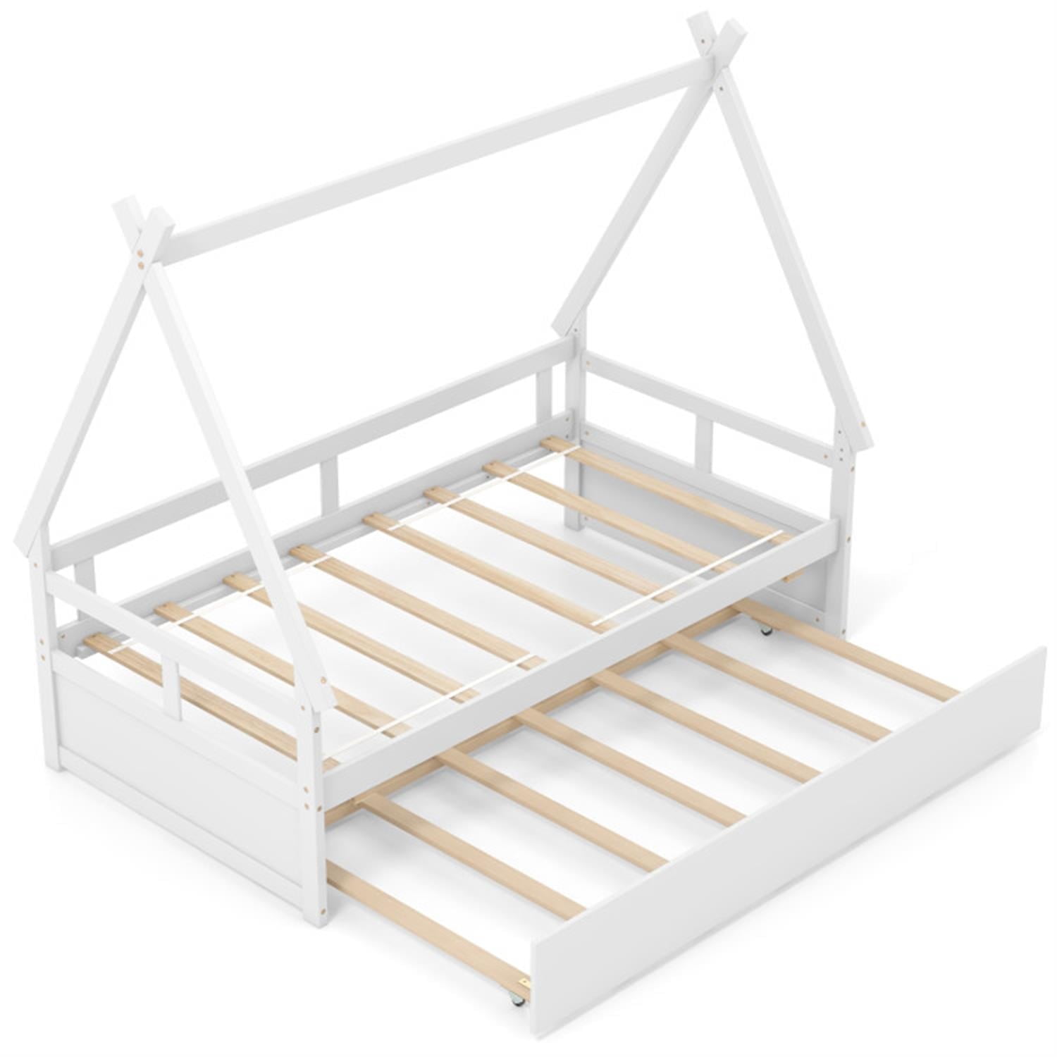 Demi Bonn Twin Size House Bed Frames with Trundle and Safety Guardrail, Modern Platform Bed Frames for Teens, White