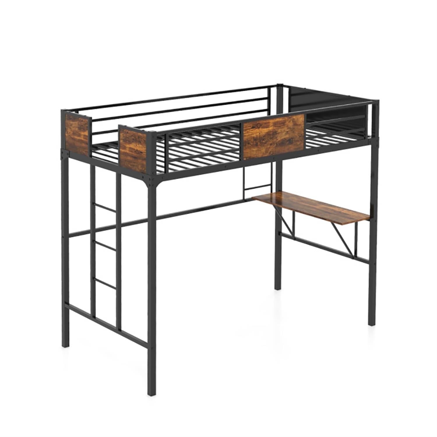 Demi Bonn Twin Size Industrial Metal Loft Bed with Desk Storage Shelf and Build-in Ladder for Teens, Black