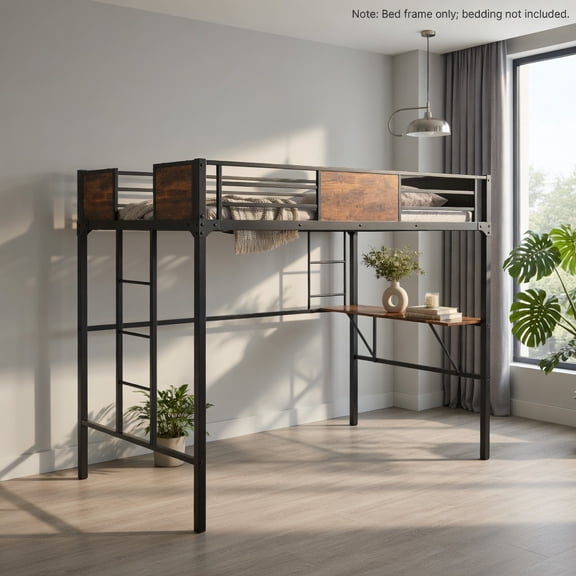 Demi Bonn Twin Size Industrial Metal Loft Bed with Desk Storage Shelf and Build-in Ladder for Teens, Black