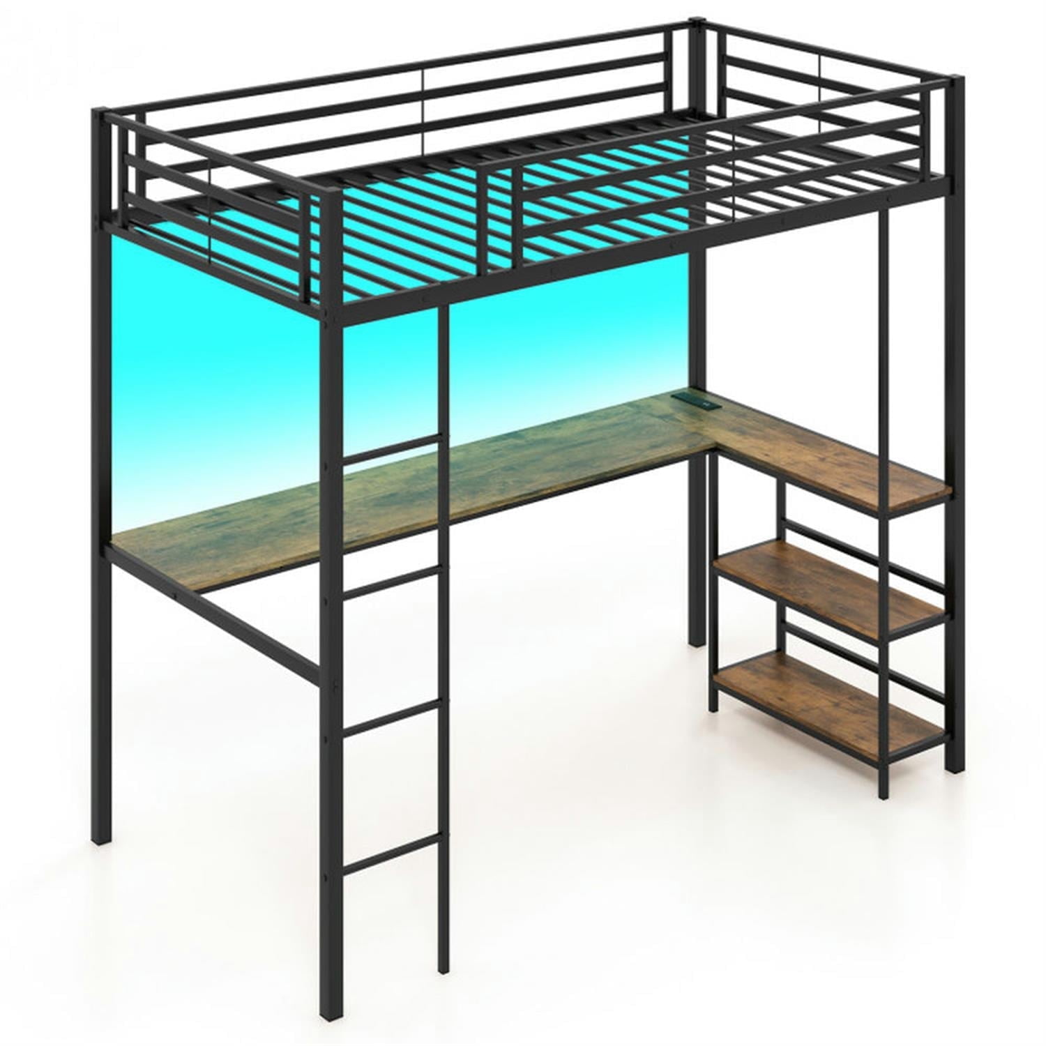 Demi Bonn Twin Size Loft Bed Raised Platform Bed with Desk and 2 Storage Shelves for Teens, Black