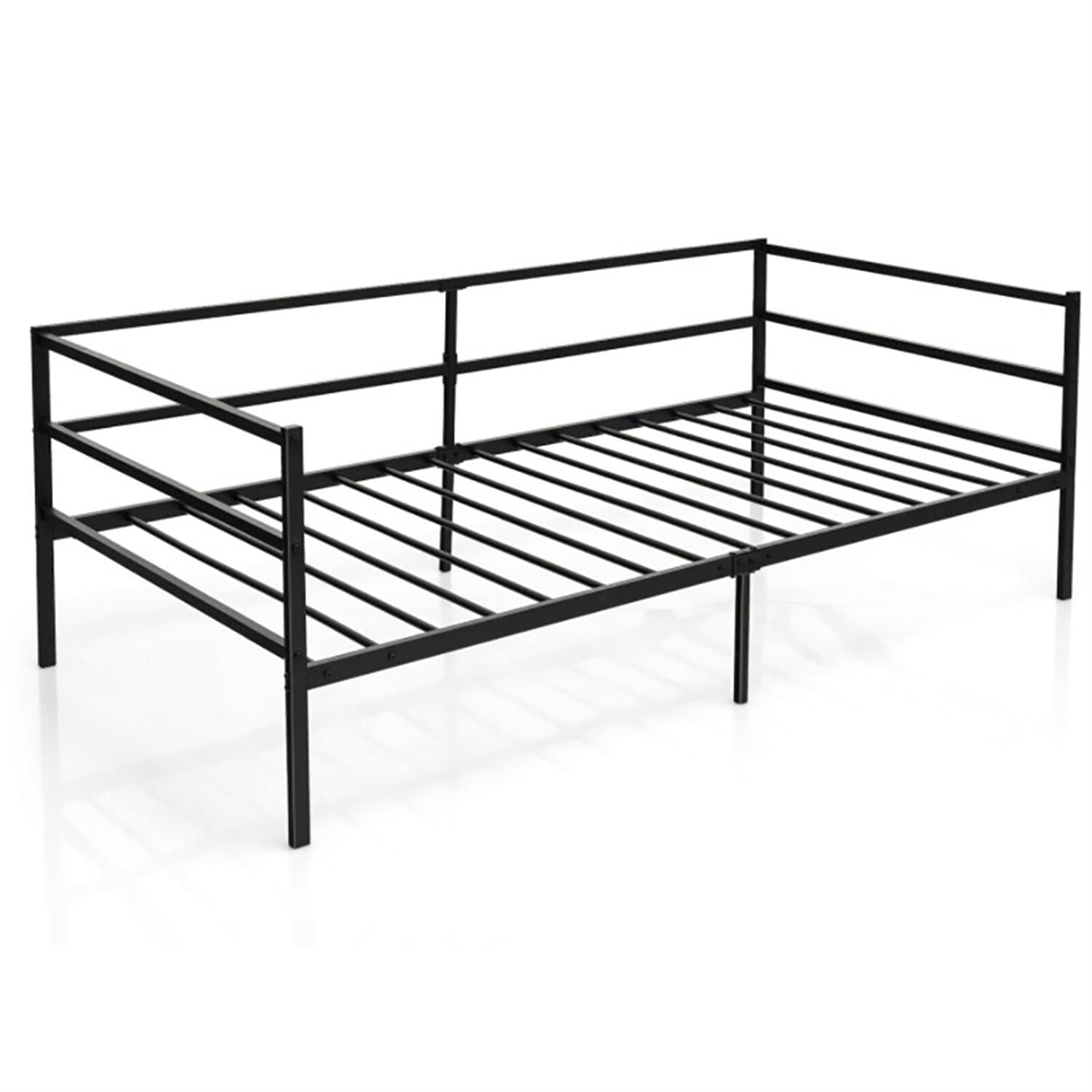 Demi Bonn Twin Size Metal Daybed Frame with Metal Slat Support and 3-Sided Guardrails, Modern Bed Frame for Teens, Black
