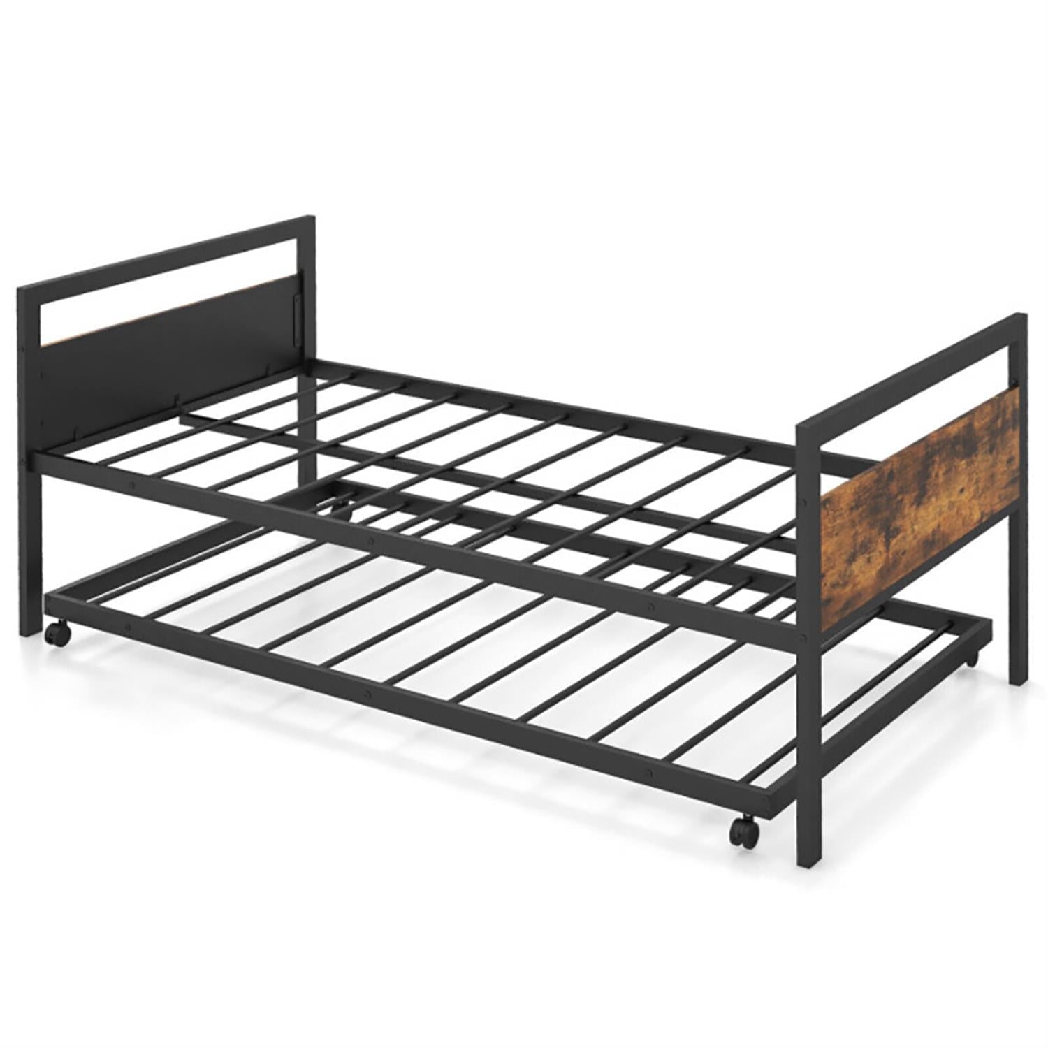 Demi Bonn Twin Size Metal Daybed with Trundle Lockable Wheels, Modern Bed Frame for Teens, Black