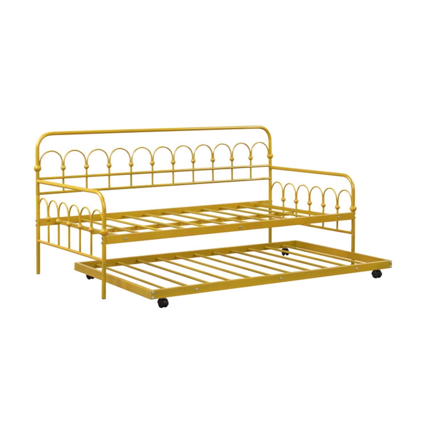 Demi Bonn Twin Size Metal Daybed with Trundle and Lockable Wheels, Modern Bed Frame for Teens, Golden