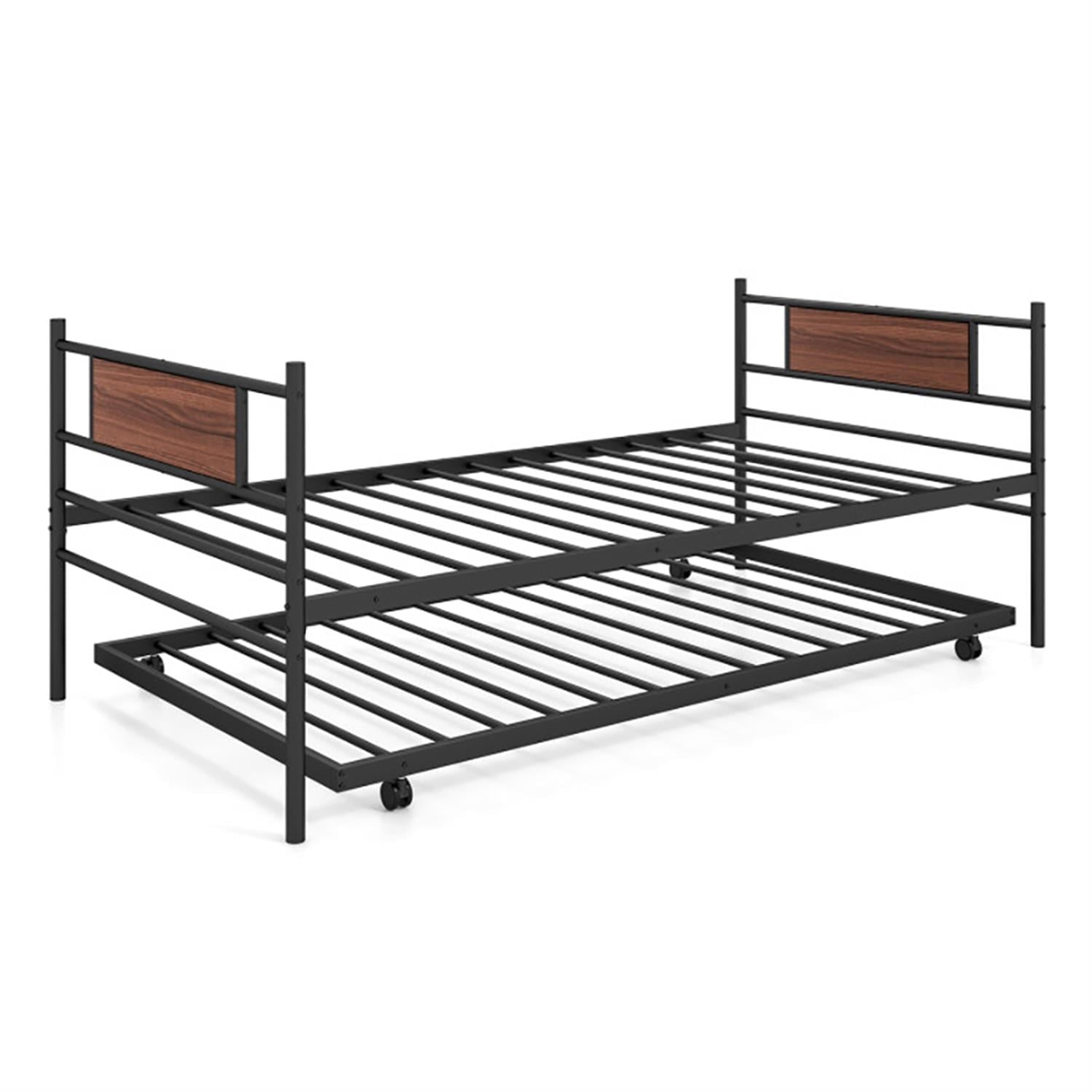 Demi Bonn Twin Size Metal Daybed with Trundle and Wood Grain Headboard, Modern Bed Frame for Teens, Black