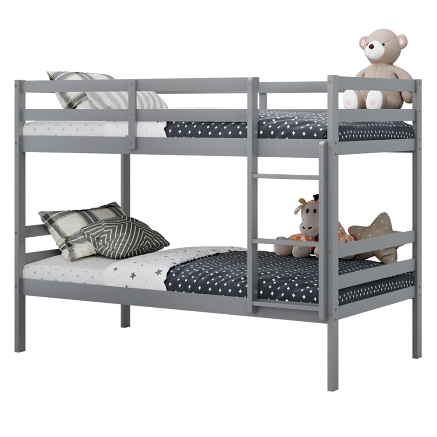 Demi Bonn Twin Size Over Wood Bunk Bed with Ladder and Safety Rail, Twin Sturdy Bunk Beds, Gray