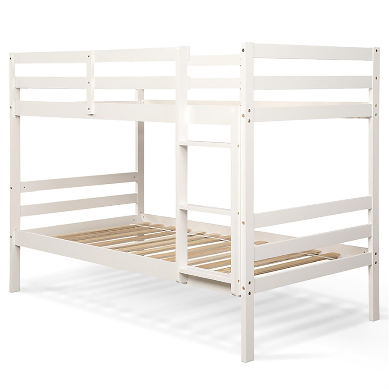 White Twin Size Pine Wood Bunk Bed with Ladder and Guardrail