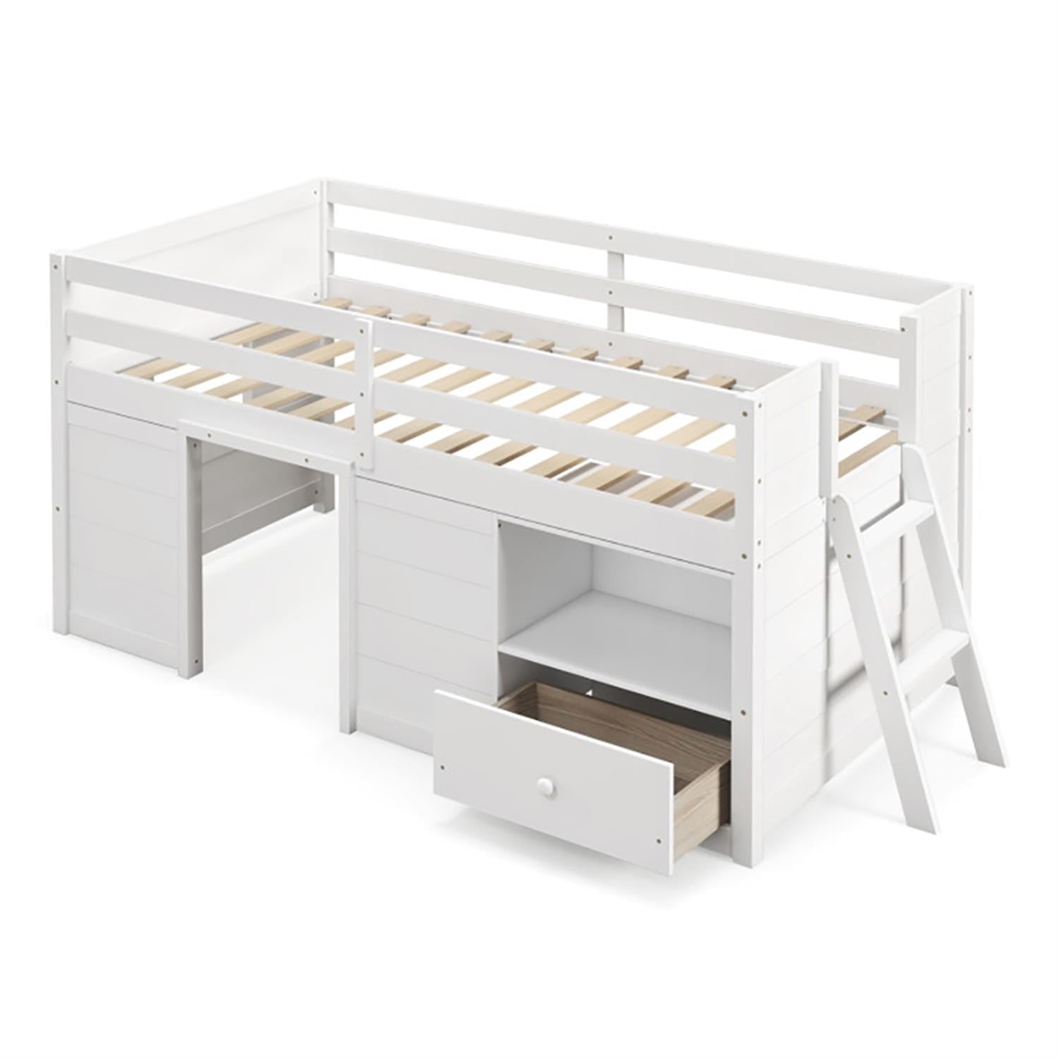 Demi Bonn Twin Size Solid Wood Low Loft Bed with Storage and Drawer for Teens, White