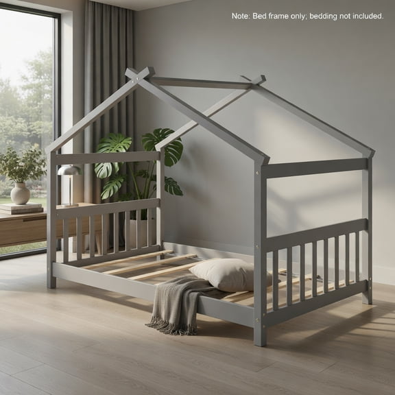 Demi Bonn Twin Size Wooden House Bed Frames with Roof, Modern Platform Floor Bed Frames for Teens, Gray