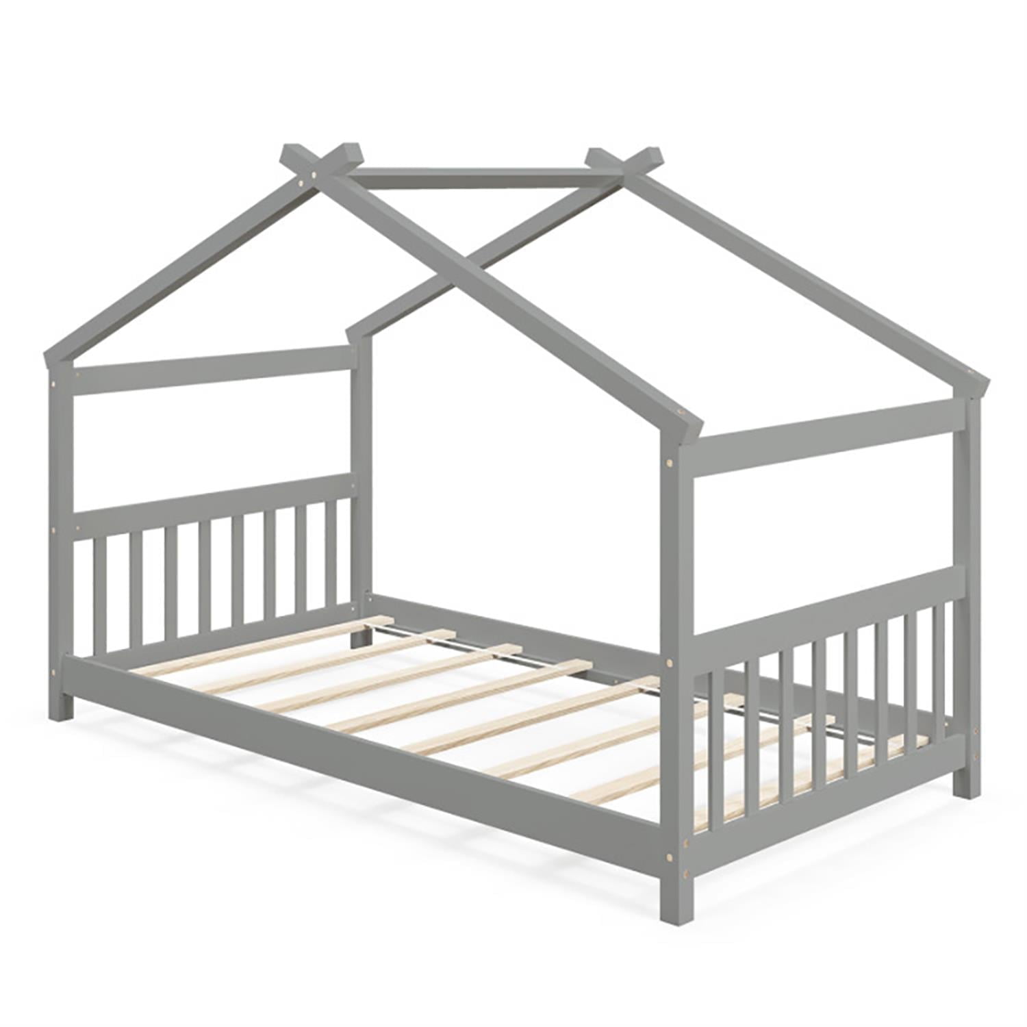 Demi Bonn Twin Size Wooden House Bed Frames with Roof, Modern Platform Floor Bed Frames for Teens, Gray