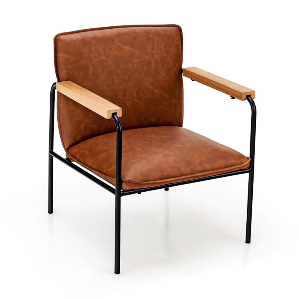 Finihen Upholstered Accent Armchair, PU Leather Accent Chair with Rubber Wood Armrests, for Living Room, Bedroom, Brown