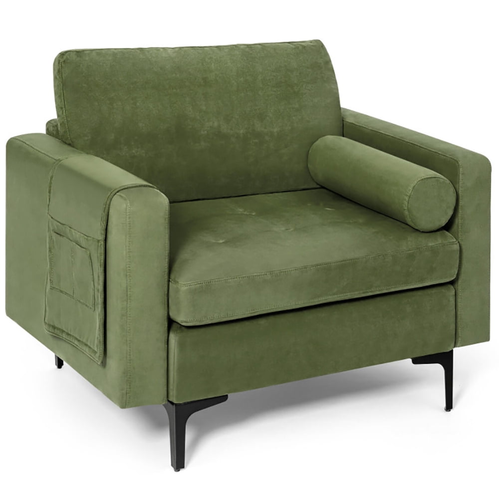 Finihen Upholstered Accent Chair, Modern Accent Chair with Bolster and Side Storage Pocket, for Living Room, Bedroom, Army Green