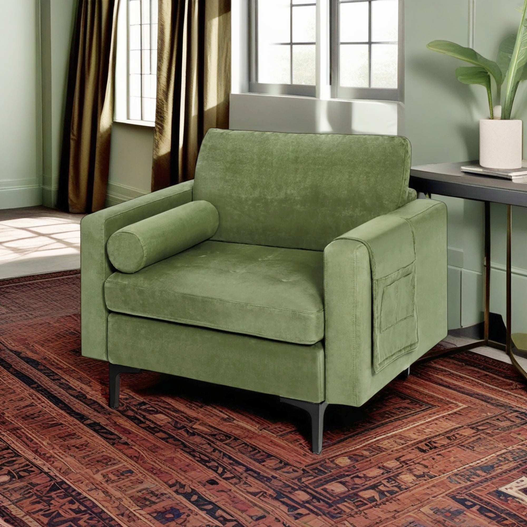 Demi Bonn Upholstered Accent Chair, Modern Accent Chair with Bolster and Side Storage Pocket, for Living Room, Bedroom, Army Green