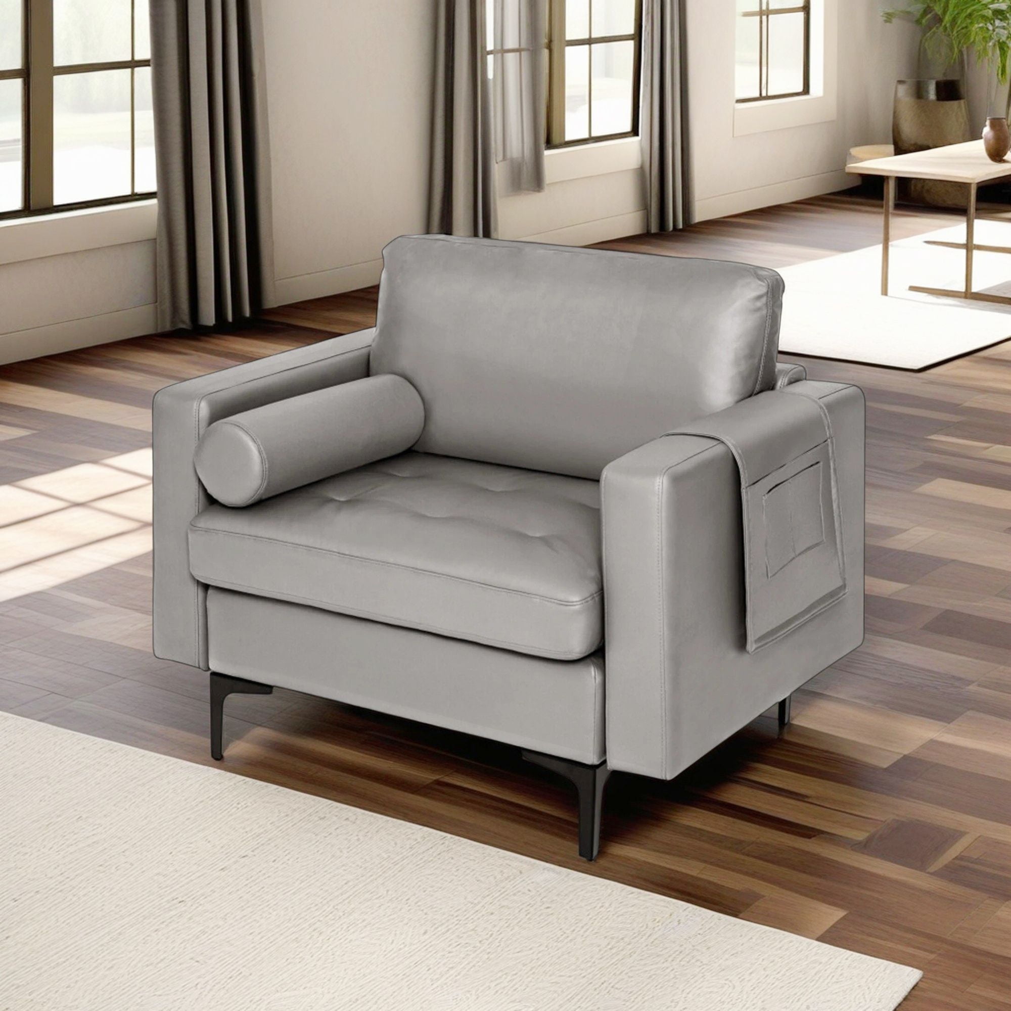 Demi Bonn Upholstered Accent Chair, Modern Accent Chair with Bolster and Side Storage Pocket, for Living Room, Bedroom, Light Gray