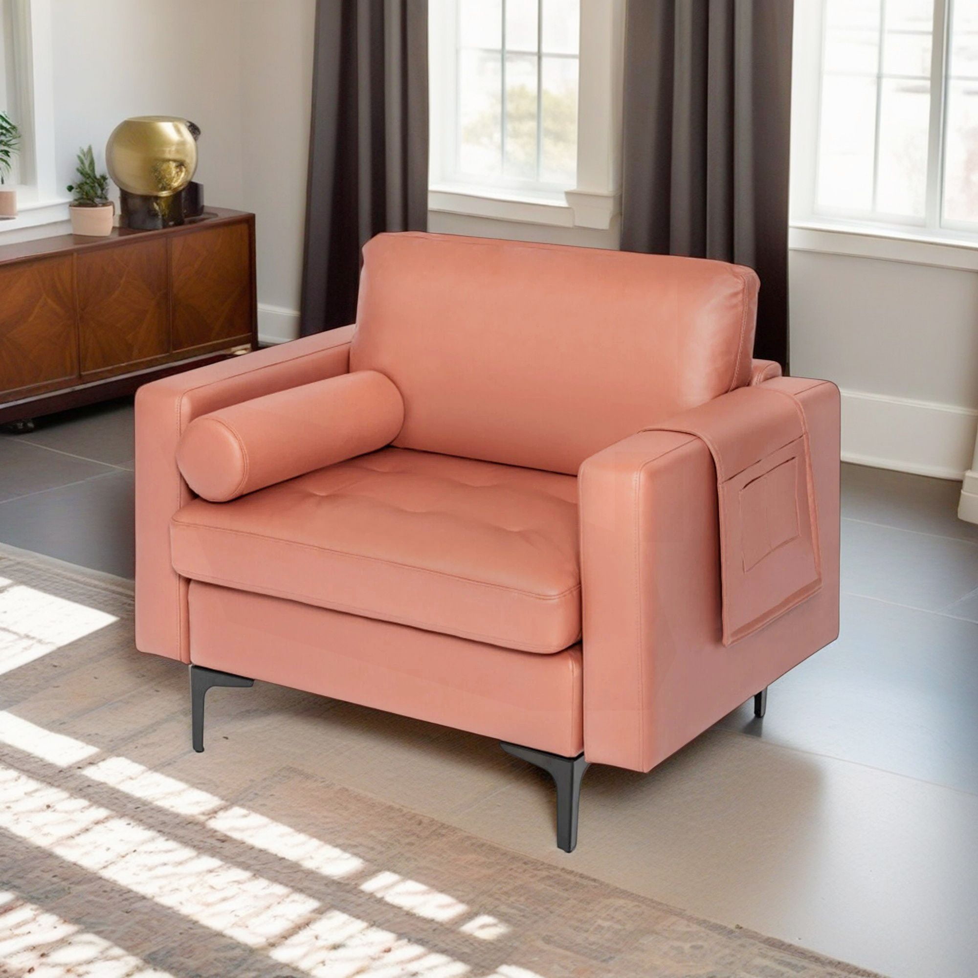 Demi Bonn Upholstered Accent Chair, Modern Accent Chair with Bolster and Side Storage Pocket, for Living Room, Bedroom, Pink