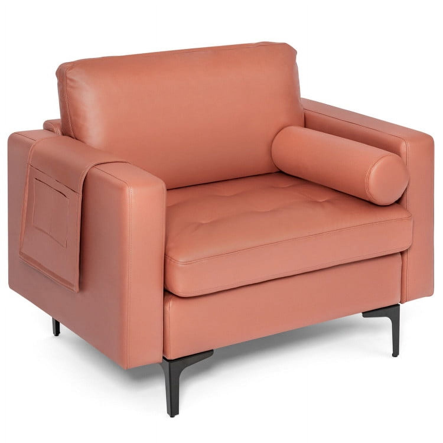 Finihen Upholstered Accent Chair, Modern Accent Chair with Bolster and Side Storage Pocket, for Living Room, Bedroom, Pink