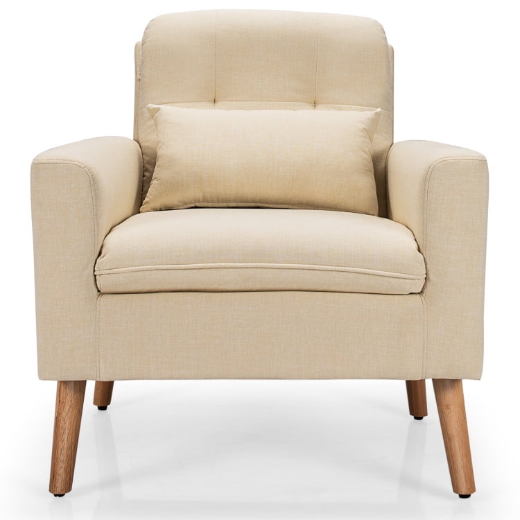 Finihen Upholstered Accent Chair, Modern Comfy Armchair Single Sofa, Linen Fabric Single Sofa Armchair with Waist Pillow, for Living Room, Bedroom, Beige