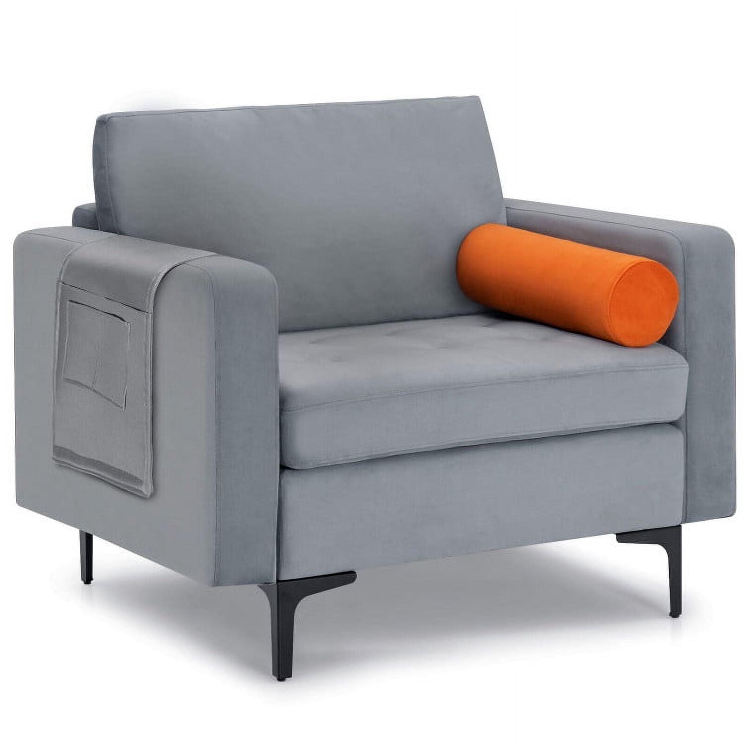 Finihen Upholstered Accent Sofa Chair, Modern Single Sofa with Cushion Bolster and Side Storage Pocket, for Living Room, Bedroom, Light Gray