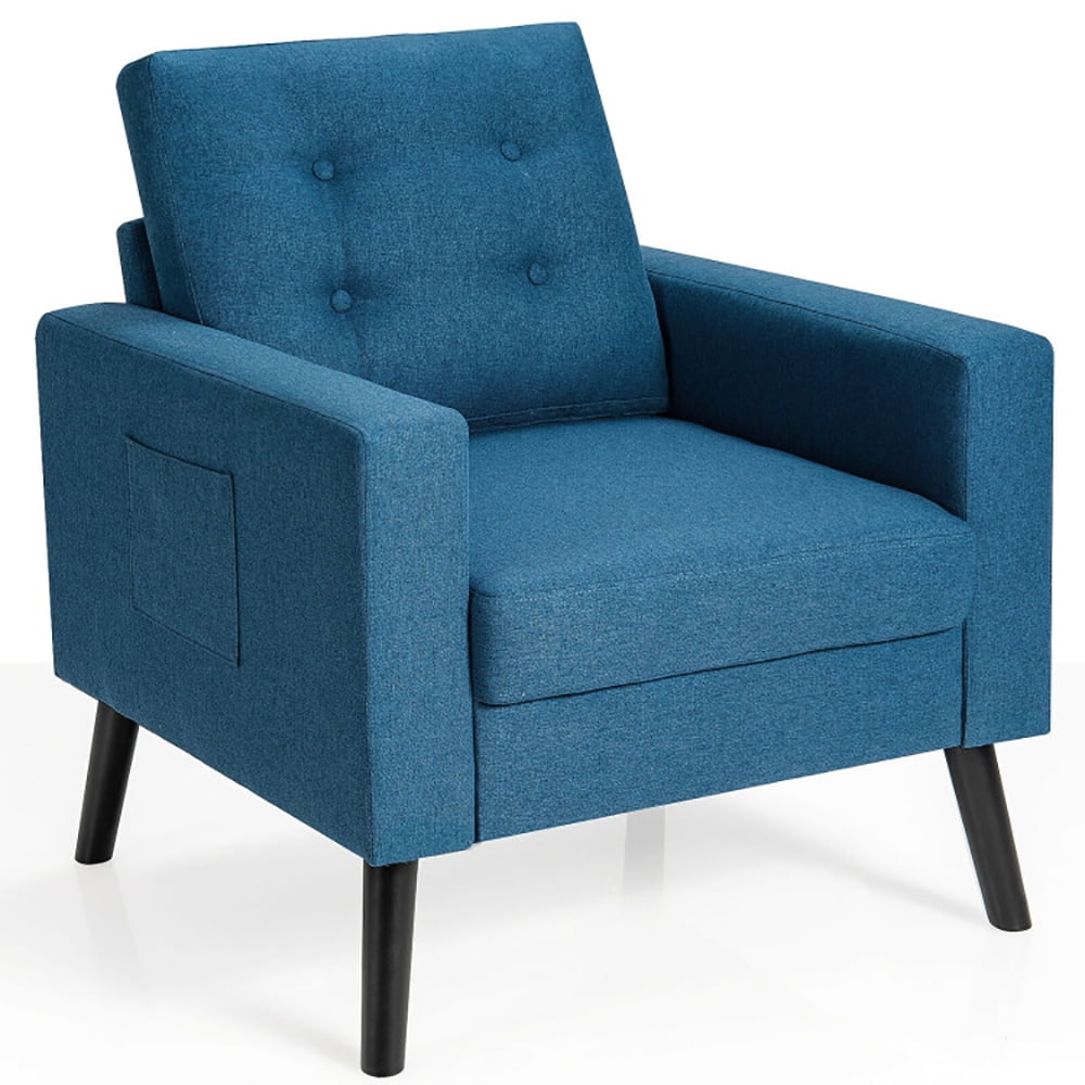 Finihen Upholstered Armchair Chair, Mid-Century Upholstered Armchair Club Chair with Rubber Wood Legs, for Living Room, Bedroom, Blue