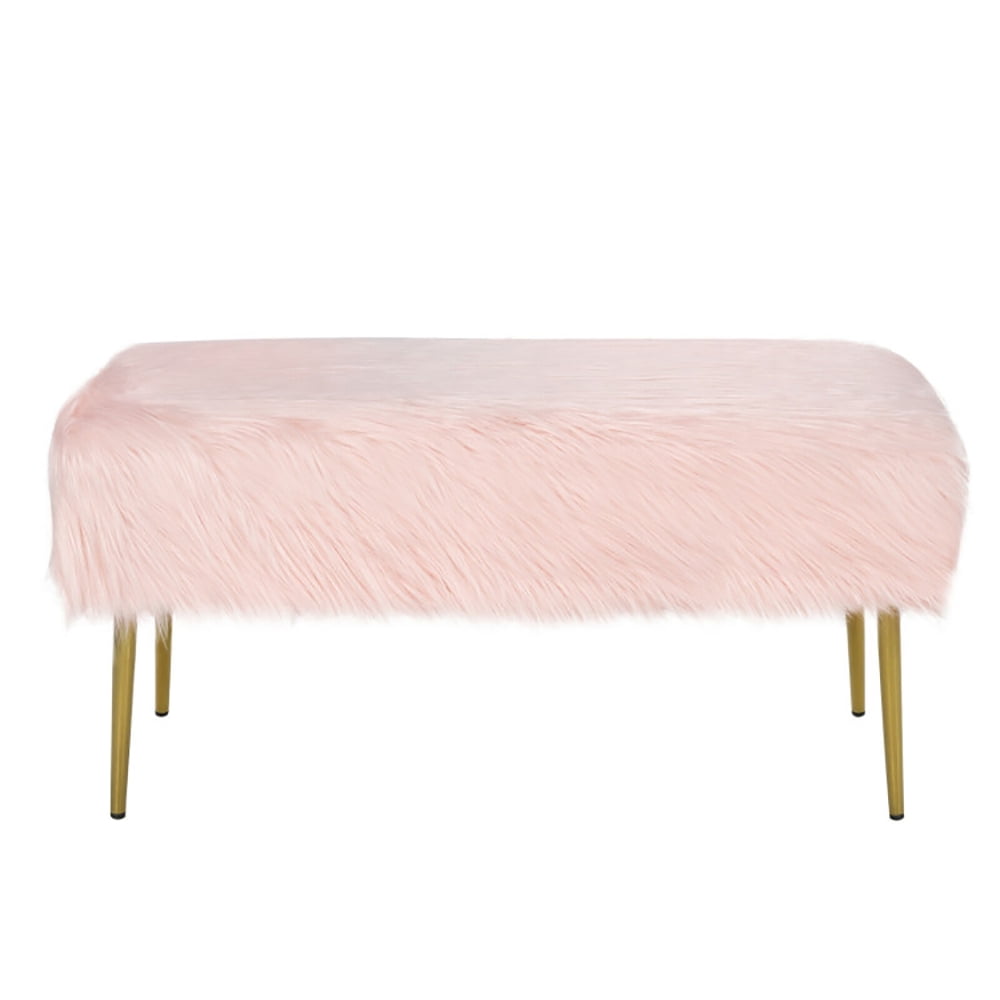 Finihen Upholstered Faux Fur Vanity Stool Chair, Footstool Ottoman, Vanity Stool with Golden Metal Legs, Decorative Furniture Footrest, for Makeup Room, Living Room, Bedroom, Pink