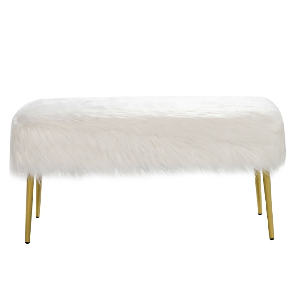 Finihen Upholstered Faux Fur Vanity Stool Chair, Footstool Ottoman, Vanity Stool with Golden Metal Legs, Decorative Furniture Footrest, for Makeup Room, Living Room, Bedroom, White