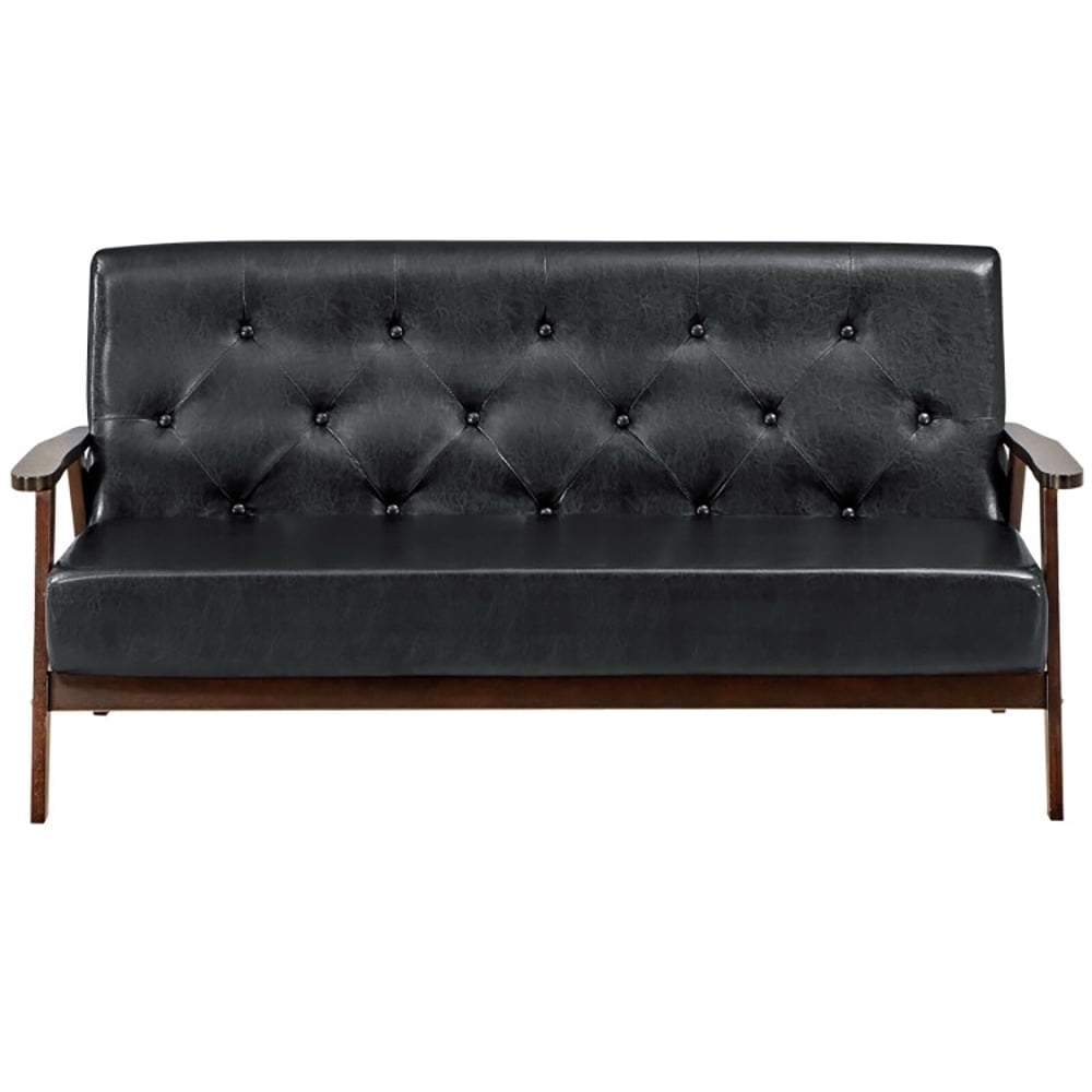 Demi Bonn Upholstered Sofa Couch, Leather Couch, 3-Seater PU Leather Upholstered Sofa Couch with Rubber Wood Legs, for Living Room, Bedroom, Black