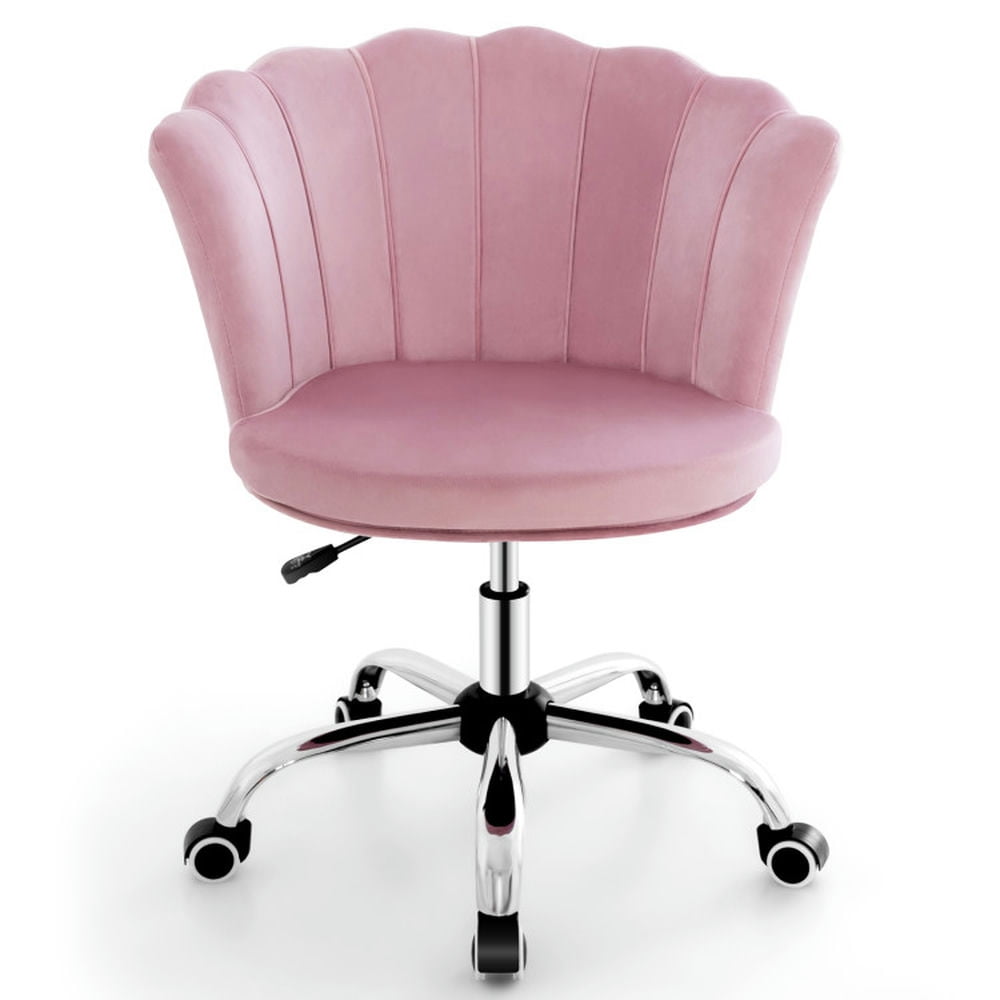 Finihen Upholstered Velvet Kids Desk Chair with Wheels and Seashell Back, Rolling Work Computer Office Chair, Pink