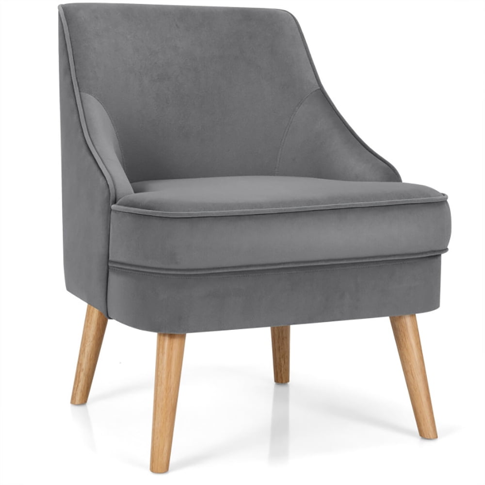 Finihen Velvet Accent Chair, Mid Century Velvet Accent Chair with Rubber Wood Legs, Thickly Padded, for Living Room, Bedroom, Gray