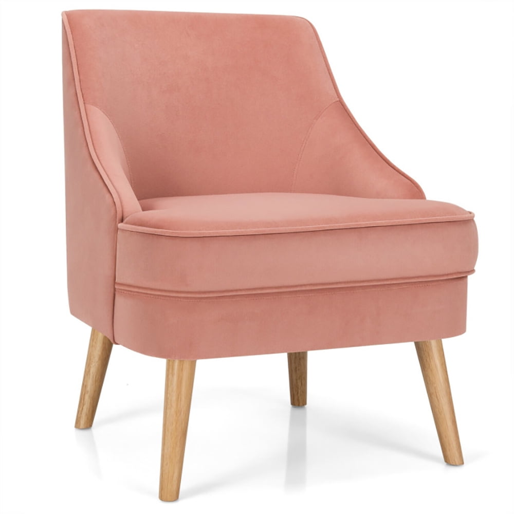 Finihen Velvet Accent Chair, Mid Century Velvet Accent Chair with Rubber Wood Legs, Thickly Padded, for Living Room, Bedroom, Pink