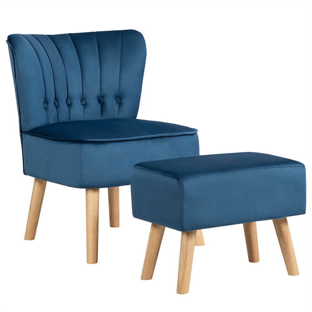 Finihen Velvet Accent Chair, Modern Accent Chair Ottoman Set with Footstool, Thickly Padded, for Living Room, Bedroom, Blue