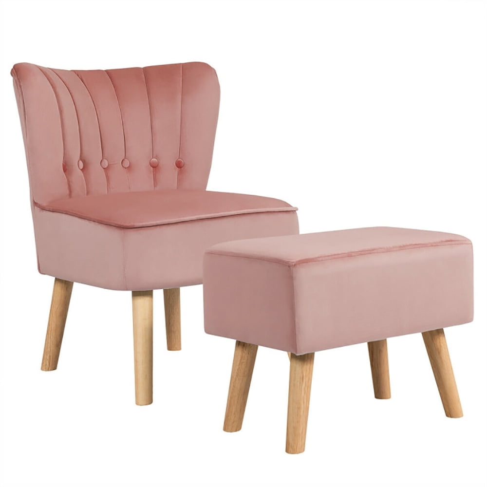 Finihen Velvet Accent Chair, Modern Accent Chair Ottoman Set with Footstool, Thickly Padded, for Living Room, Bedroom, Pink