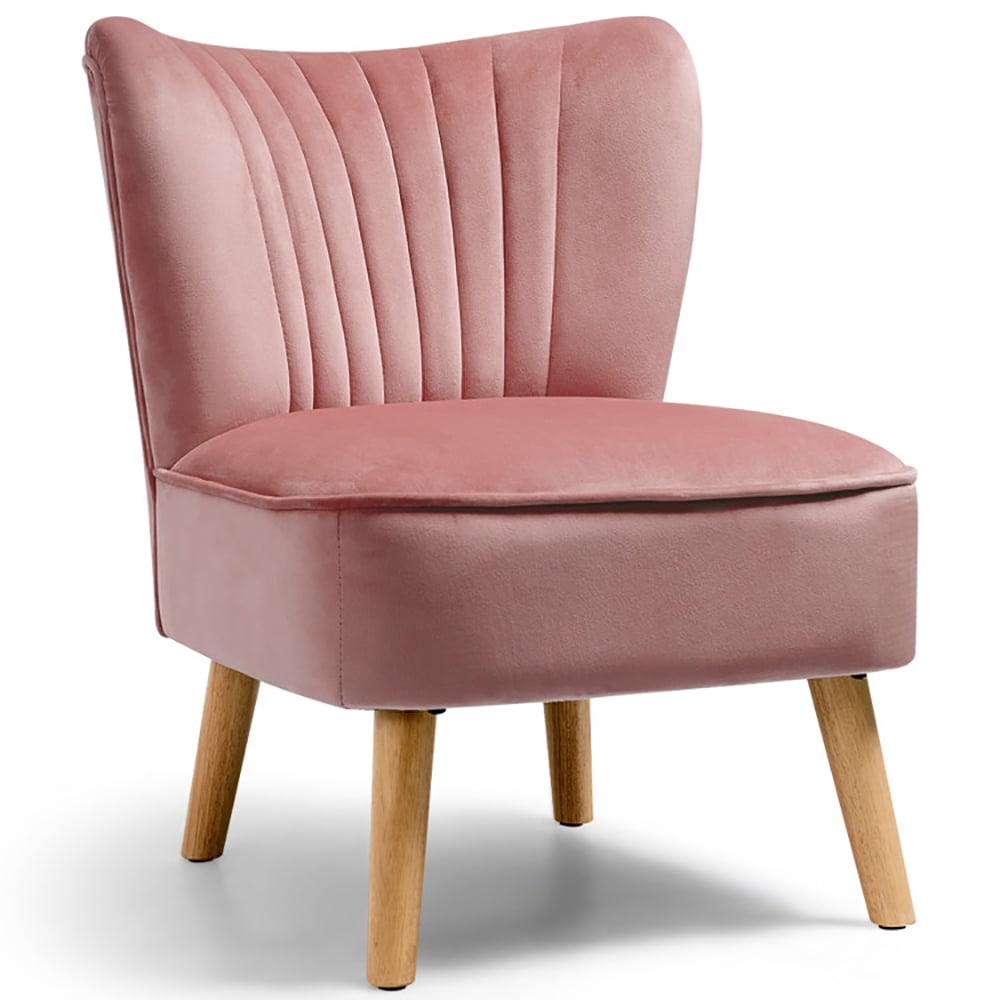 Finihen Velvet Accent Chair, Modern Armless Velvet Accent Chair with Wood Legs, Thickly Padded, Armless Wingback Club Chairs for Living Room, Bedroom, Pink