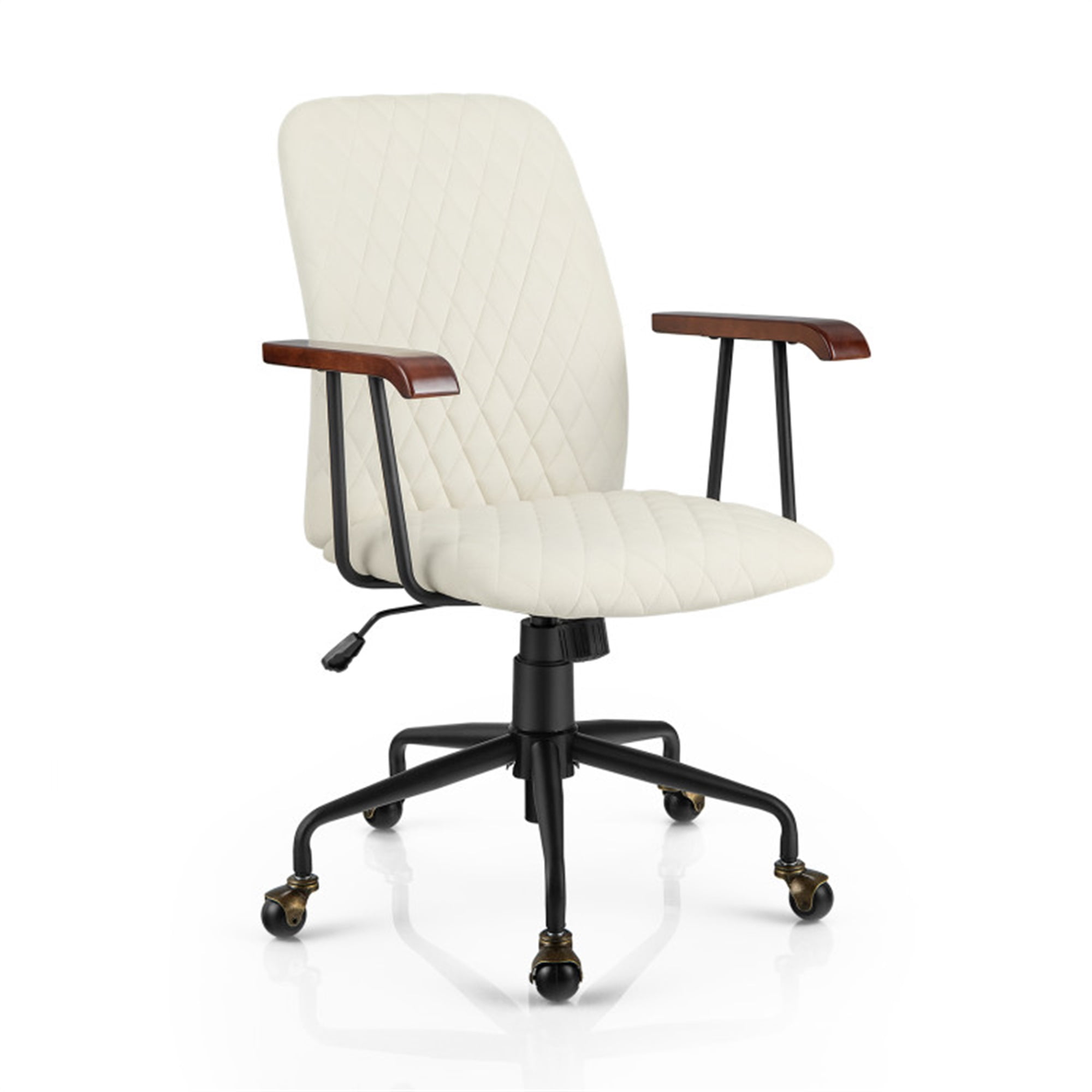 Finihen Velvet Home Office Chair with Wooden Armrest, Rolling Work Computer Desk Chair for Home, Bedroom, Study, Beige