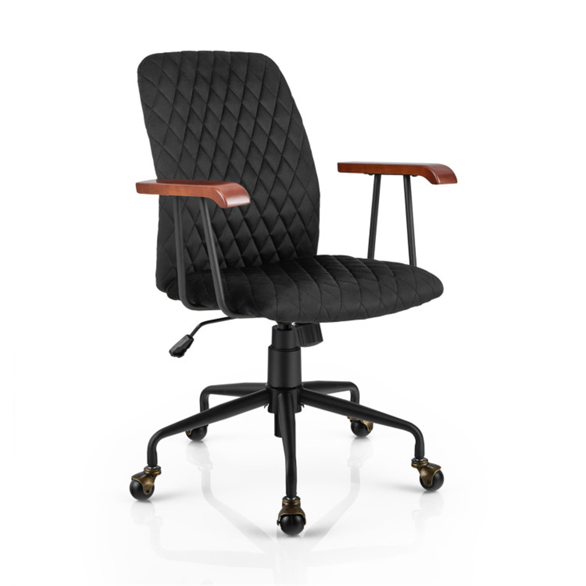 Finihen Velvet Home Office Chair with Wooden Armrest, Rolling Work Computer Desk Chair for Home, Bedroom, Study, Black