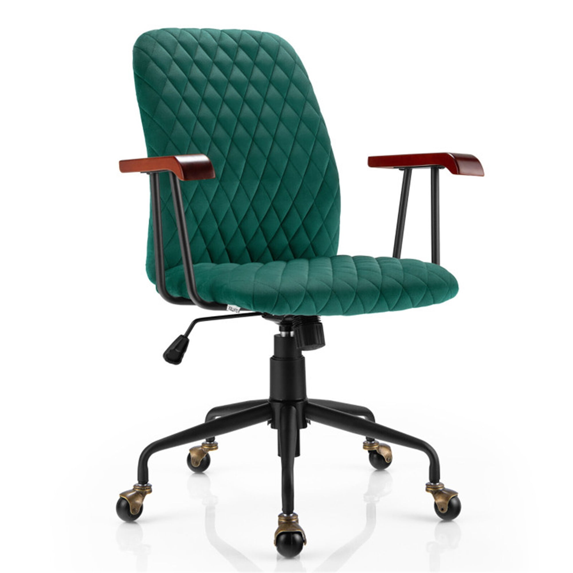 Finihen Velvet Home Office Chair with Wooden Armrest, Rolling Work Computer Desk Chair for Home, Bedroom, Study, Green