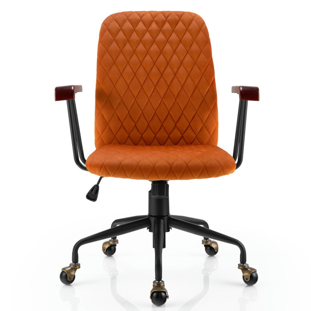 Finihen Velvet Home Office Chair with Wooden Armrest, Rolling Work Computer Desk Chair for Home, Bedroom, Study, Orange