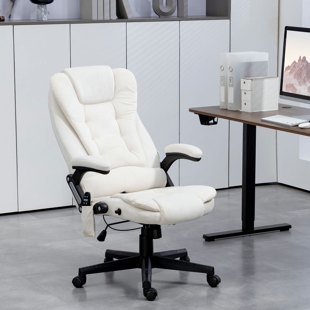 Finihen Vibration Massage Chair with 6 Vibration Points, Armrest, Reclining Backrest, Heated, Velvet Computer Chair, Office Desk Chair for Home, White