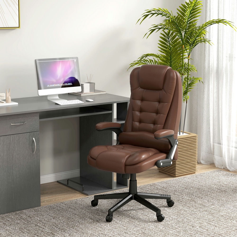 Finihen Vibration Massage Chair with 6 Vibration Points, Armrest, Heated PU Leather Computer Chair, Ergonomic Office Desk Chair for Home, Brown