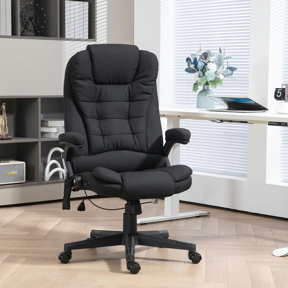 Finihen Vibration Massage Chair with 6 Vibration Points, Armrest, Reclining Backrest, Heated, Linen Computer Chair, Office Desk Chair for Home, Black