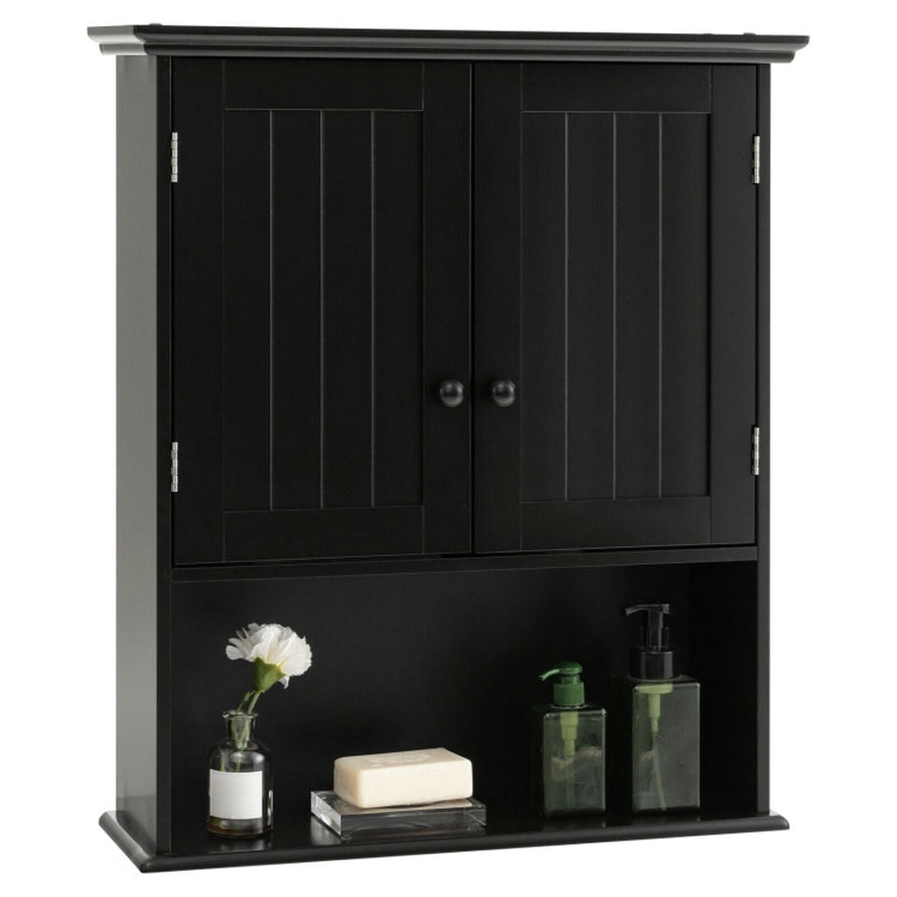 Finihen Wall Cabinet, Wall Mounted Bathroom Cabinet, Medicine Cabinet, 2-Door Wall Mount Bathroom Storage Cabinet with Open Shelf, for Kitchen Entryway Bathroom, Black
