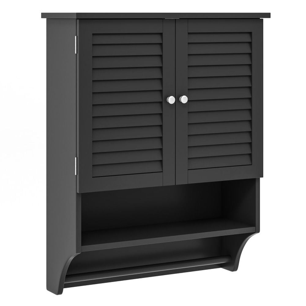Finihen Wall Cabinet, Wall Mounted Bathroom Cabinet, Medicine Cabinet, 2-Doors Bathroom Wall-Mounted Medicine Cabinet with Towel Bar, for Kitchen Entryway Bathroom, Black