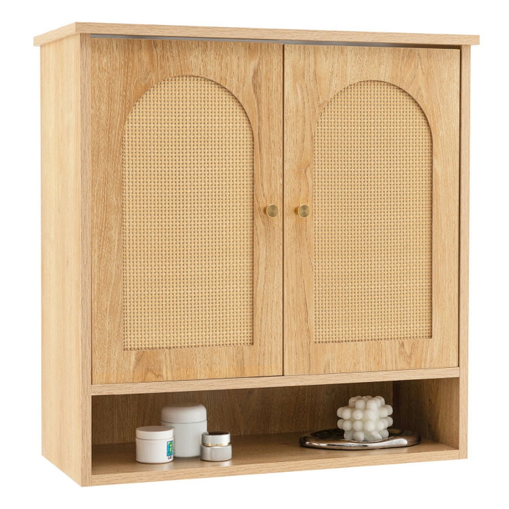 Finihen Wall Cabinet, Wall Mounted Cabinet, Medicine Cabinet, Medicine Cabinet with 2 Rattan Doors for Laundry Room Kitchen Entryway Bathroom, Natural