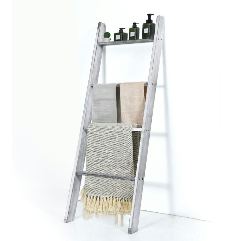 Finihen Wall Leaning Ladder Towel Rack, Blanket Ladder, 4-Tier Wall Leaning Ladder Shelf Stand, Gray