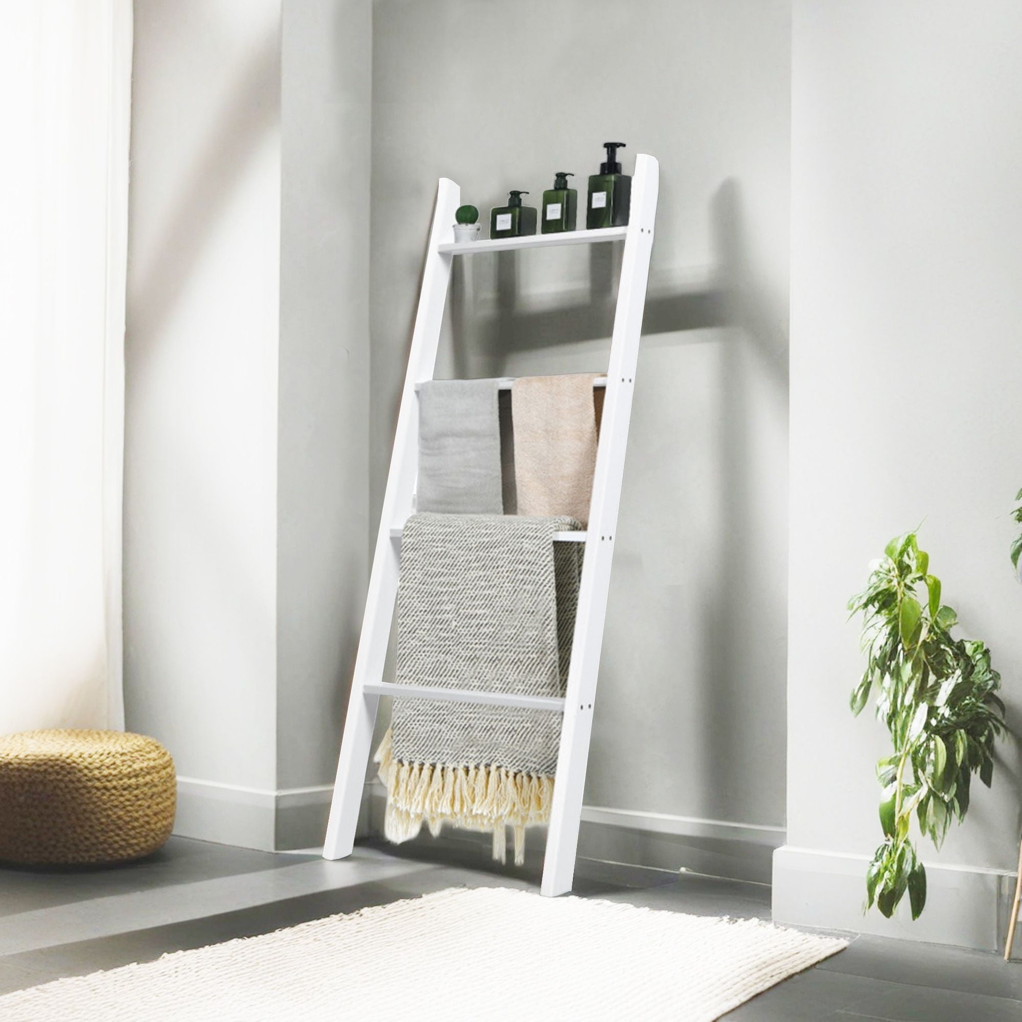 Demi Bonn Wall Leaning Ladder Towel Rack, Blanket Ladder, 4-Tier Wall Leaning Ladder Shelf Stand, White