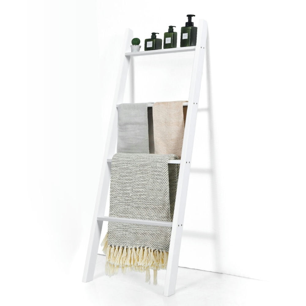 Finihen Wall Leaning Ladder Towel Rack, Blanket Ladder, 4-Tier Wall Leaning Ladder Shelf Stand, White