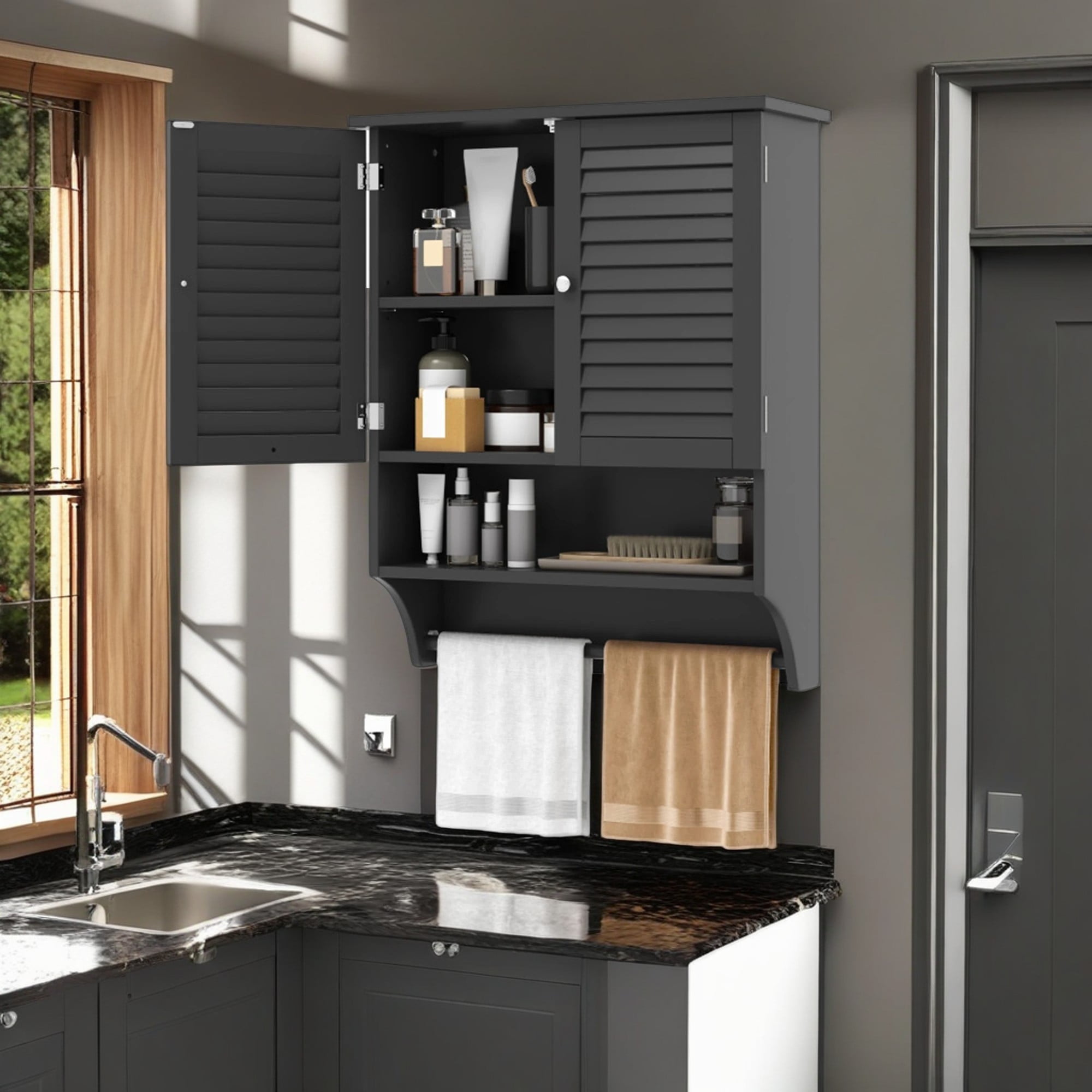 Demi Bonn Wall Mounted Bathroom Cabinet, Medicine Cabinet, 2-Doors Bathroom Wall Cabinet with Towel Bar, for Bathroom, Black