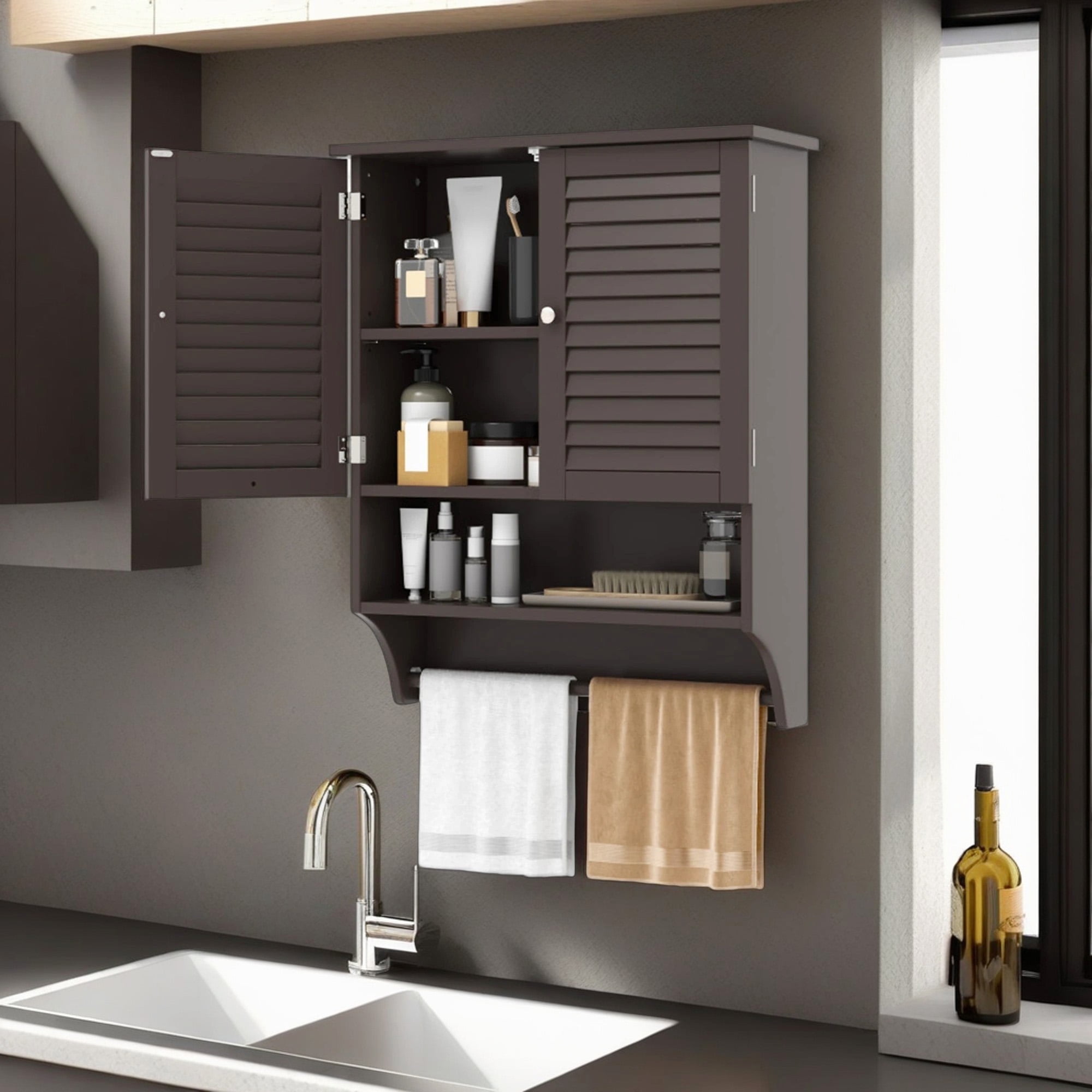 Demi Bonn Wall Mounted Bathroom Cabinet, Medicine Cabinet, 2-Doors Bathroom Wall Cabinet with Towel Bar, for Bathroom, Brown