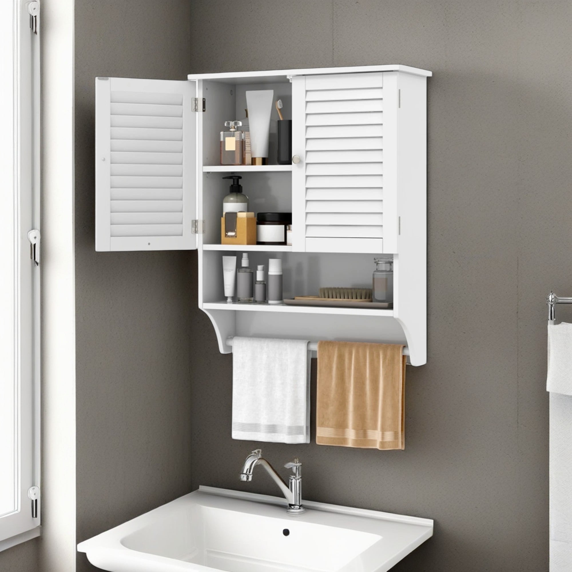 Demi Bonn Wall Mounted Bathroom Cabinet, Medicine Cabinet, 2-Doors Bathroom Wall Cabinet with Towel Bar, for Bathroom, White