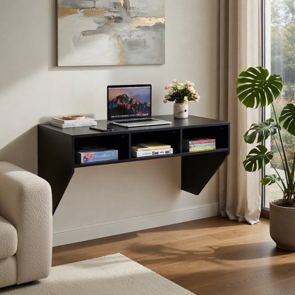 Demi Bonn Wall Mounted Floating Sturdy Computer Table with Storage Shelf, Laptop Workstation for Laptops, Books, Tablets, and Art, Black