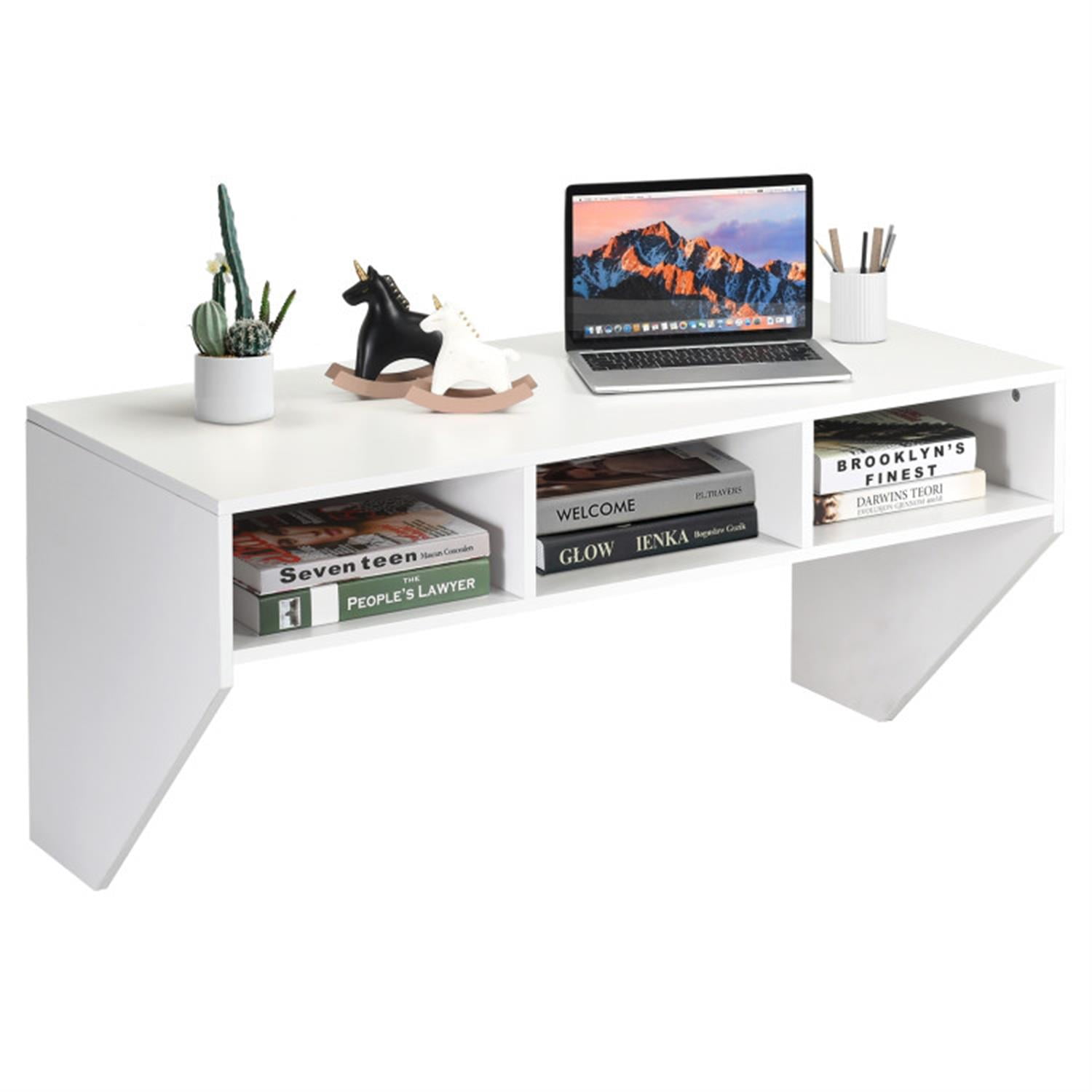 Finihen Wall Mounted Floating Sturdy Computer Table with Storage Shelf, Laptop Workstation for Laptops, Books, Tablets, and Art, White